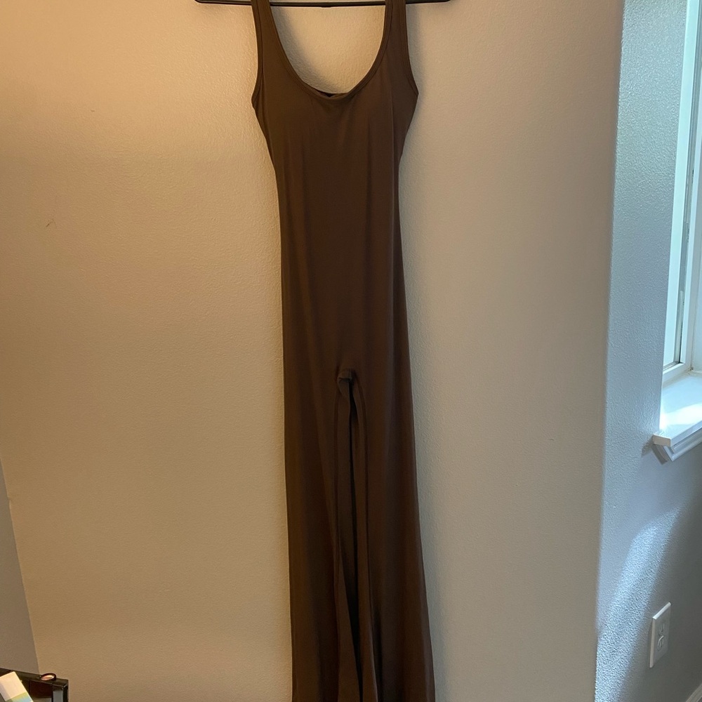 Viral flare jumpsuit tank top backless scrunch butt brown